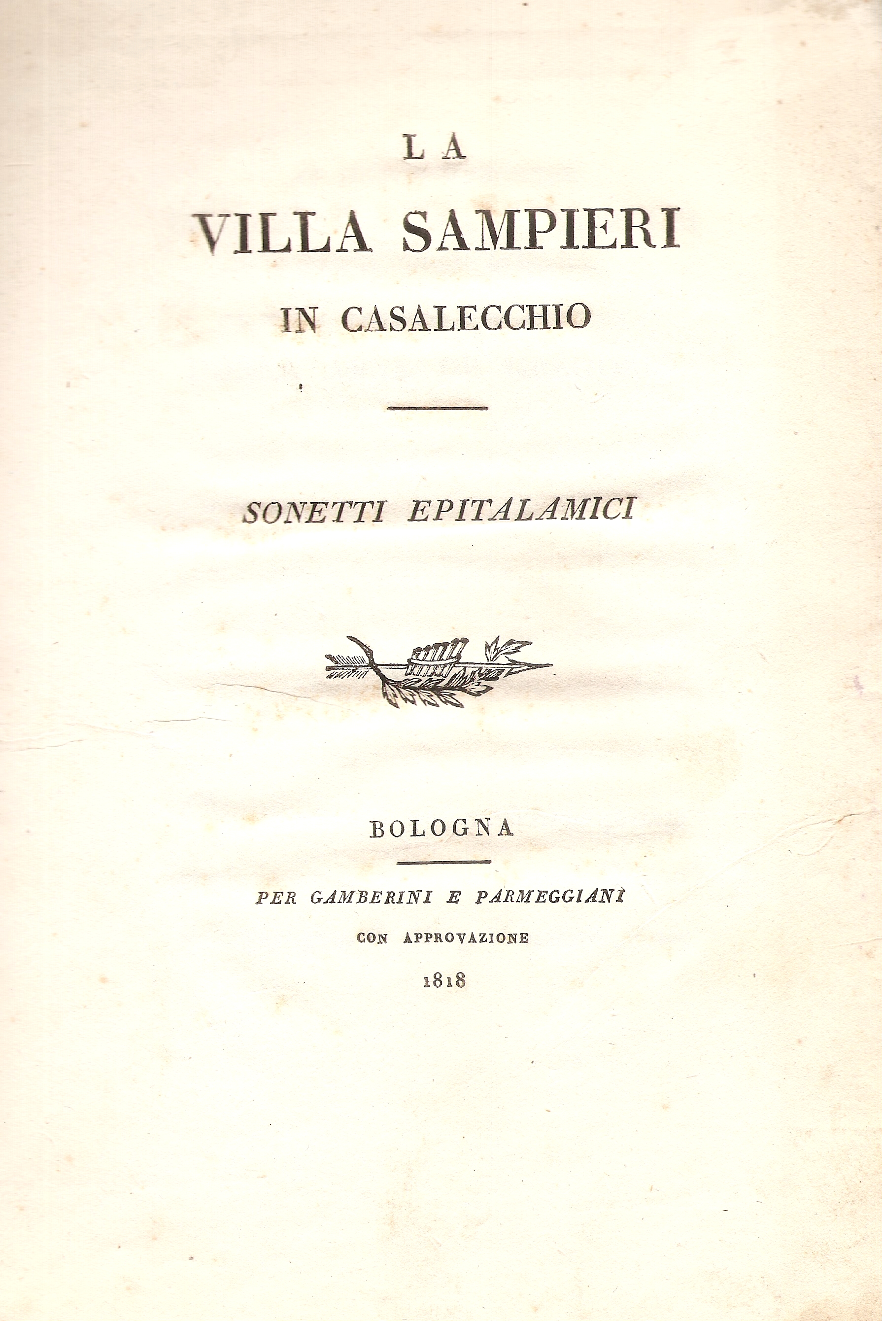 Frontespizio dei "Sonetti epitalamici" (Archivio Biblioteca C. Pavese)