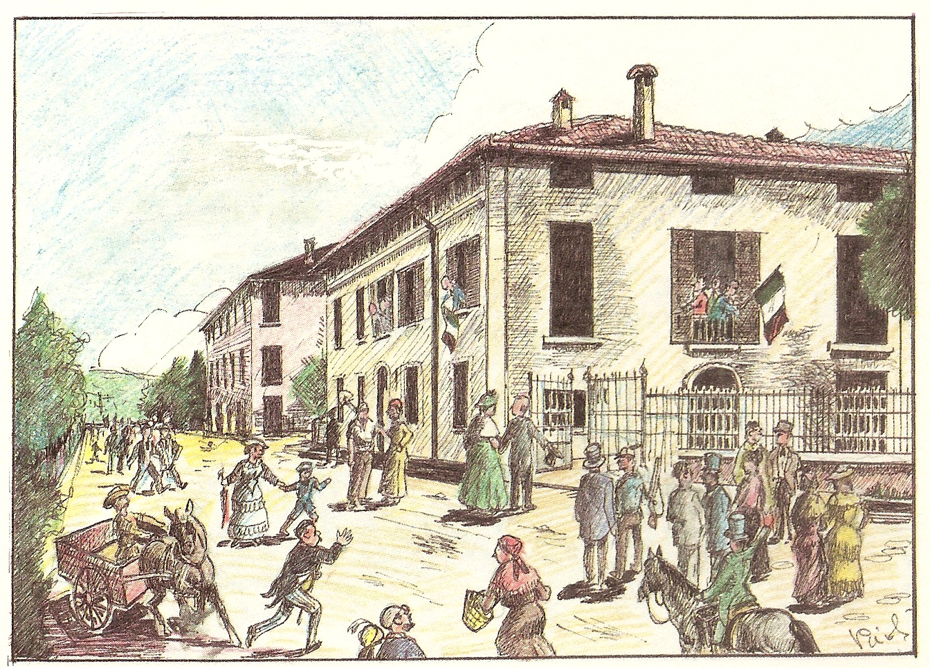 I casalecchiesi innalzano il Tricolore sull'edificio comunale (cartolina illustrata dall'autore ed allegata a "Saluti da Casalecchio")