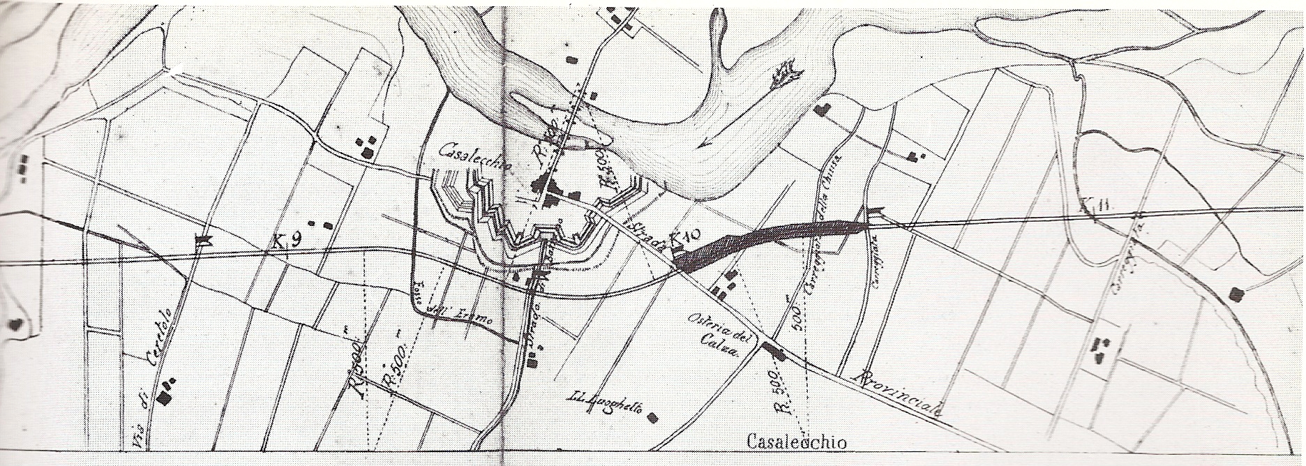 Il tratto casalecchiese della ferrovia Bologna-Porretta, si notano i punti topografici principali e le fortificazioni del Campo Trincerato (Biblioteca dell'Archiginnasio, Protche, 11)