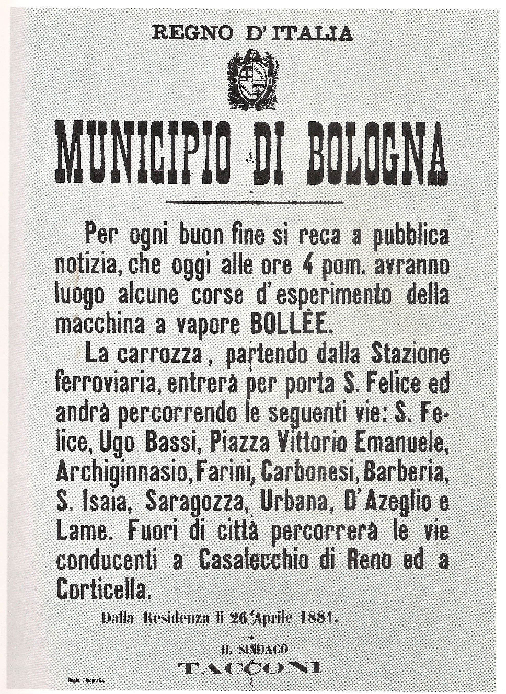 Avviso del Municipio di Bologna per le corse sperimentali della macchina a vapore Bollée (da "Quelli del tramway")