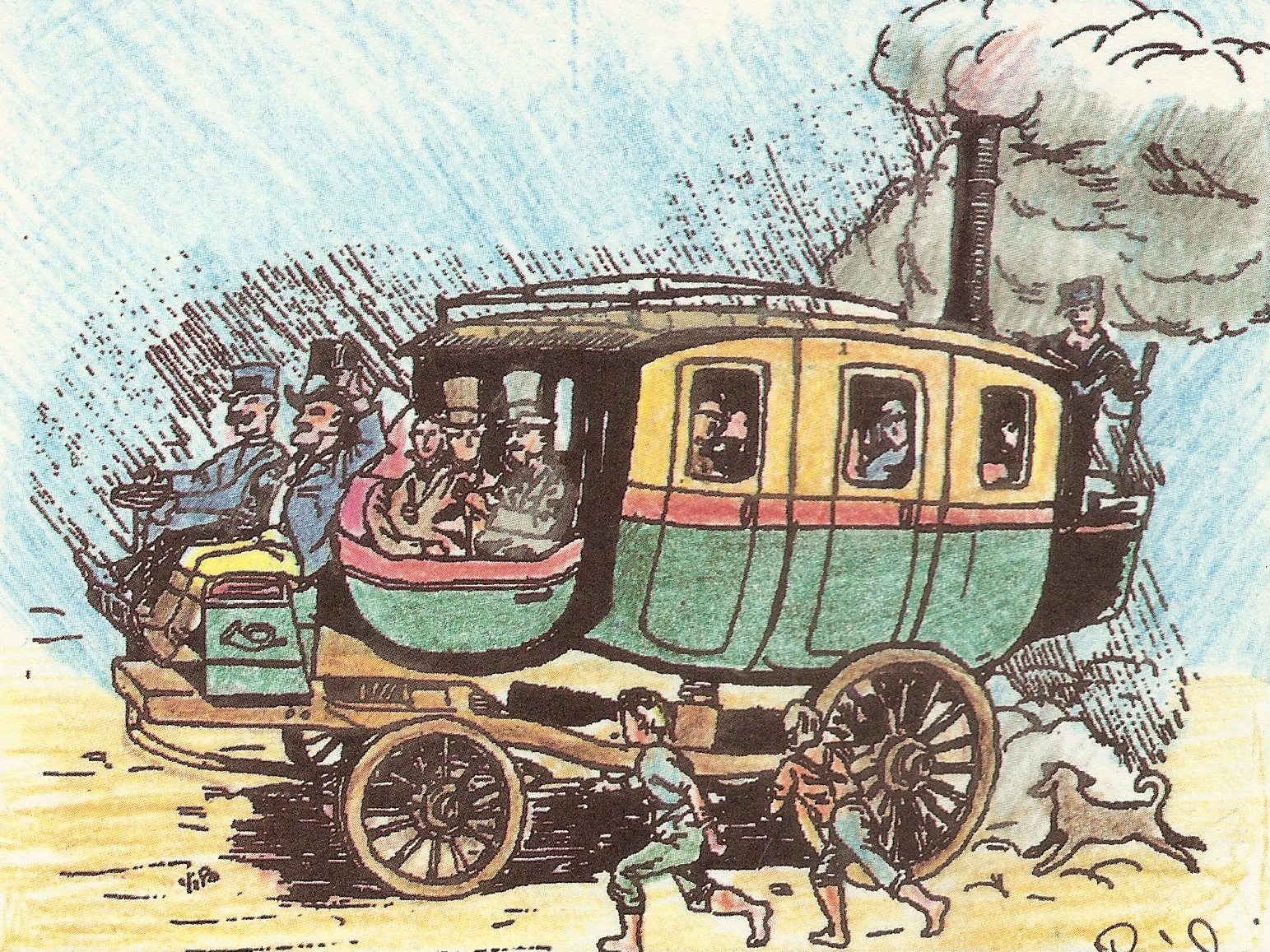 La carrozza a vapore sistema bollée (cartolina illustrata dall’autore ed allegata a "Saluti da Casalecchio")