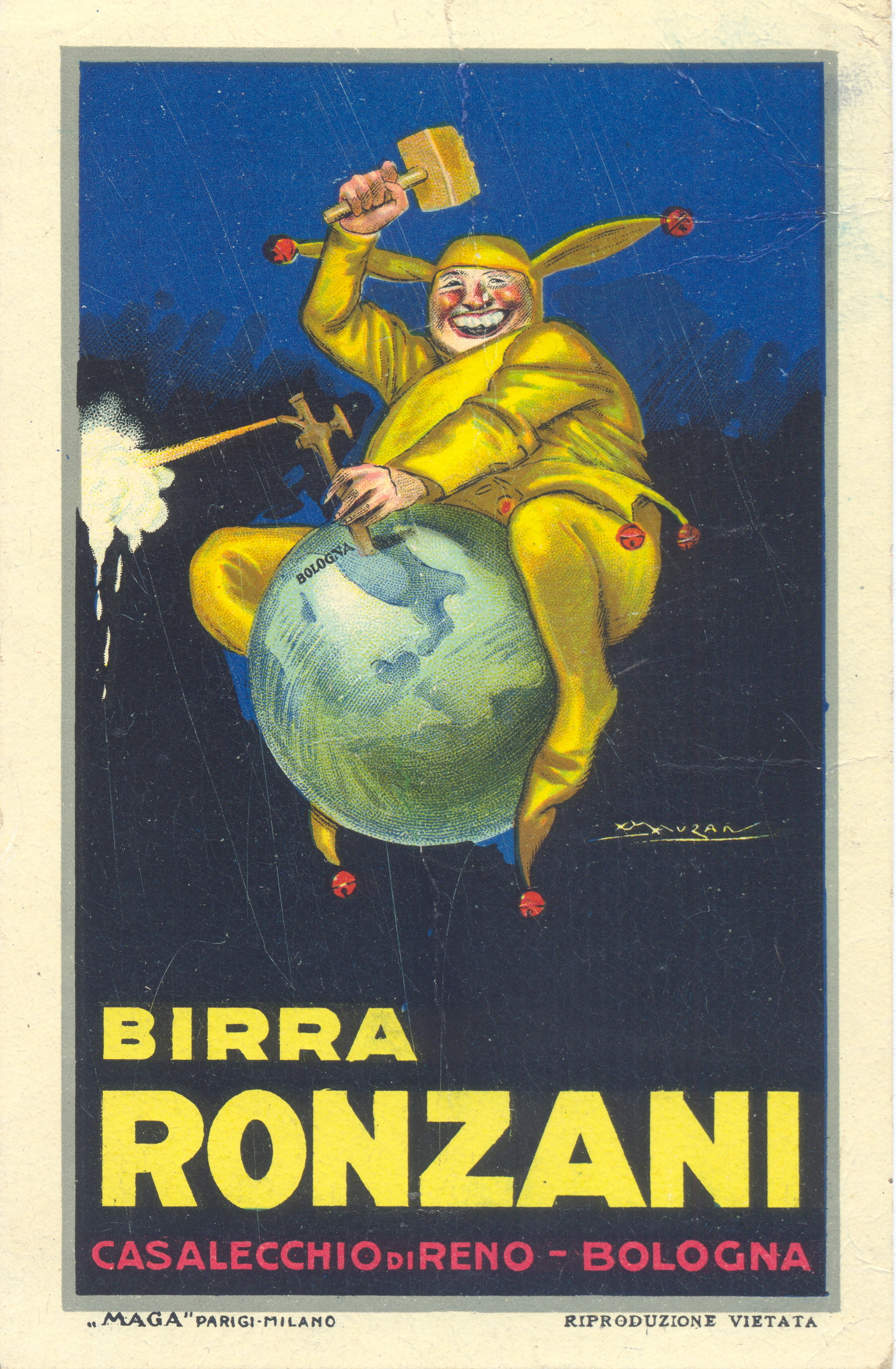 Cartolina pubblicitaria degli anni '20 della Birra Ronzani illustrata da L.A.Mauzan (Collezione M. Neri)