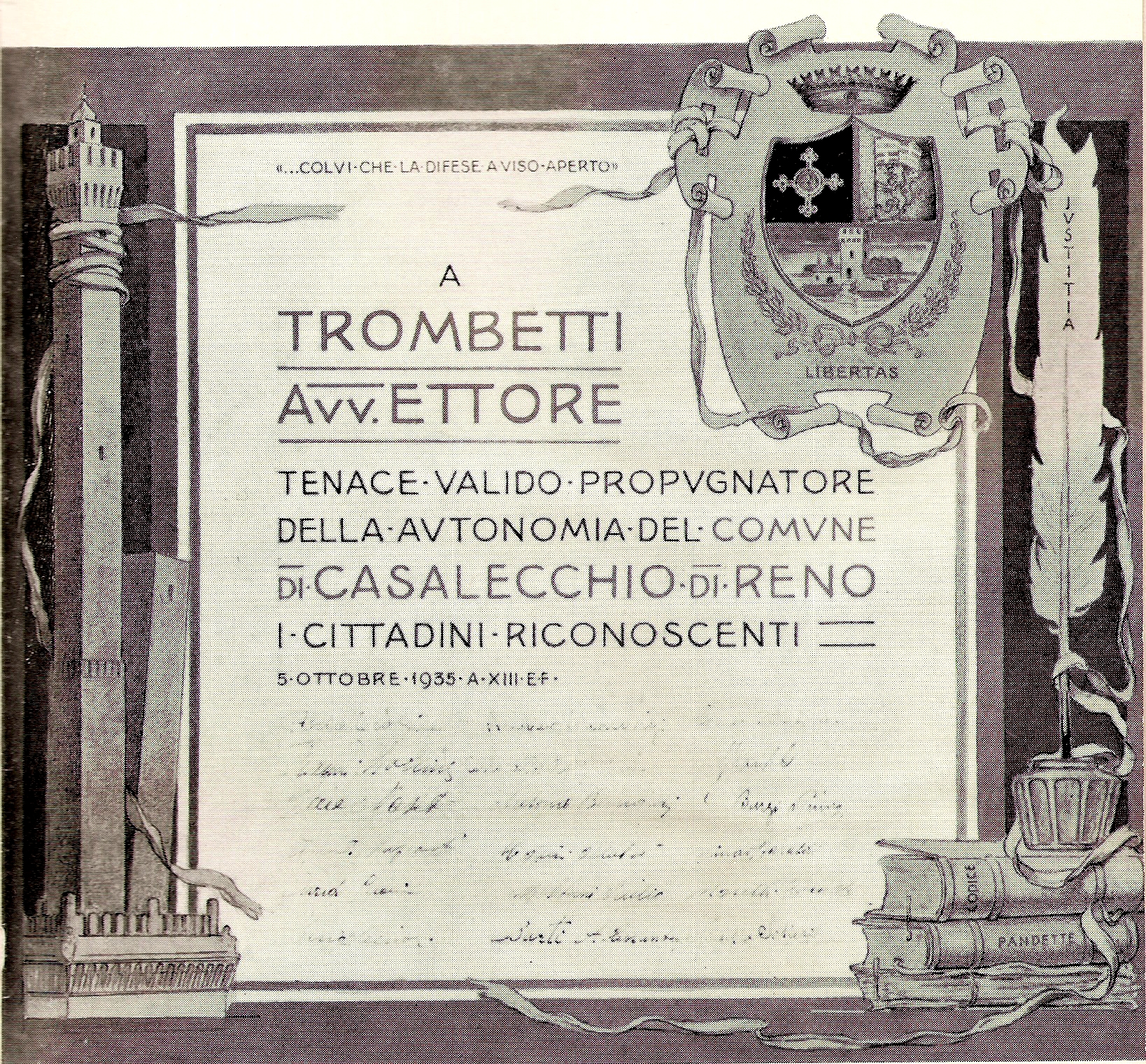 La pergamena, dipinta da Nasica, omaggio dei casalecchiesi all’Avv.to Ettore Trombetti