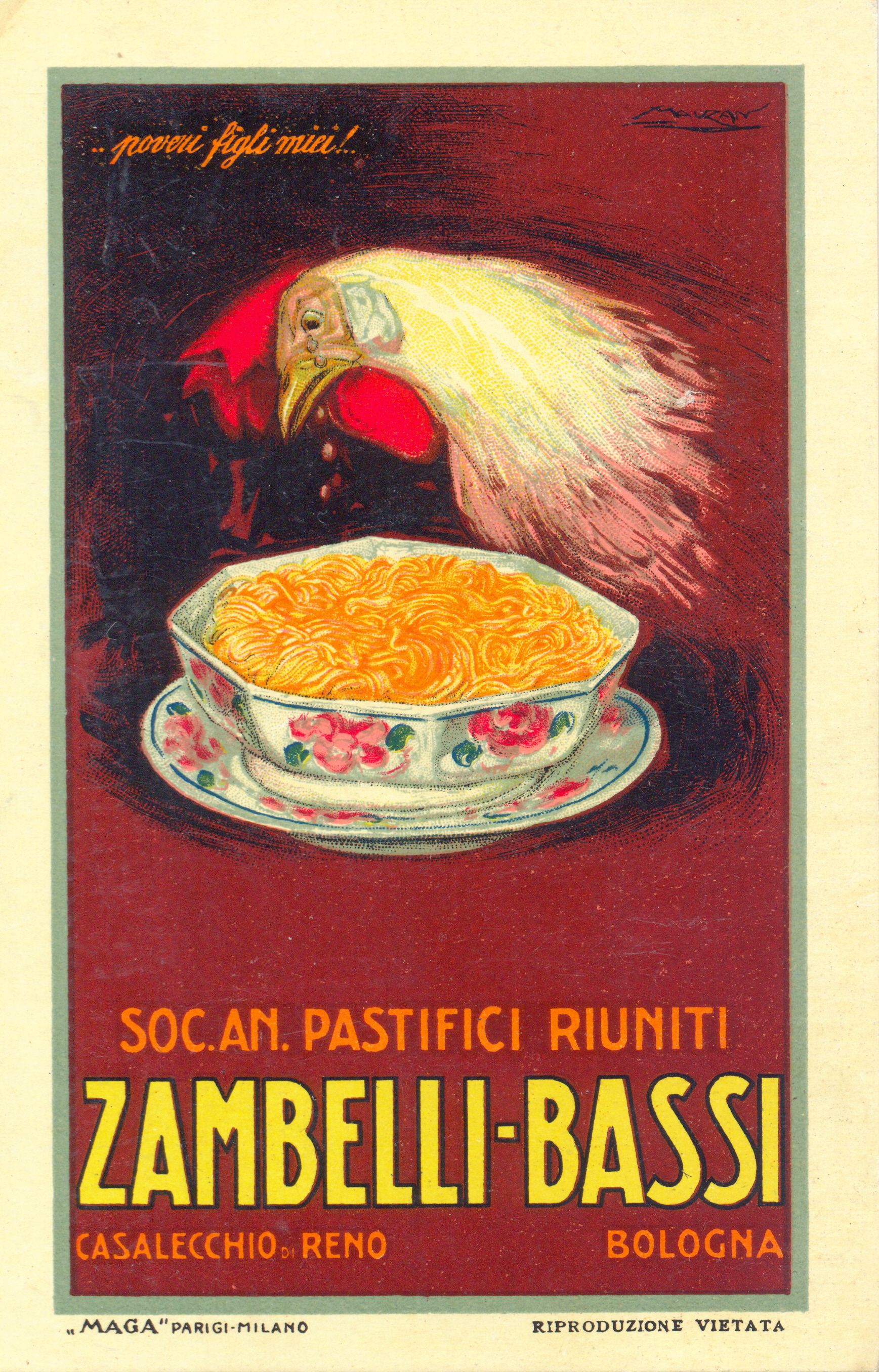 Cartolina pubblicitaria per la pasta all’uovo degli stabilimenti di produzione Zambelli   Bassi